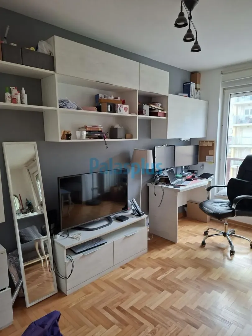 Living room with a desk, television, and hardwood flooring.