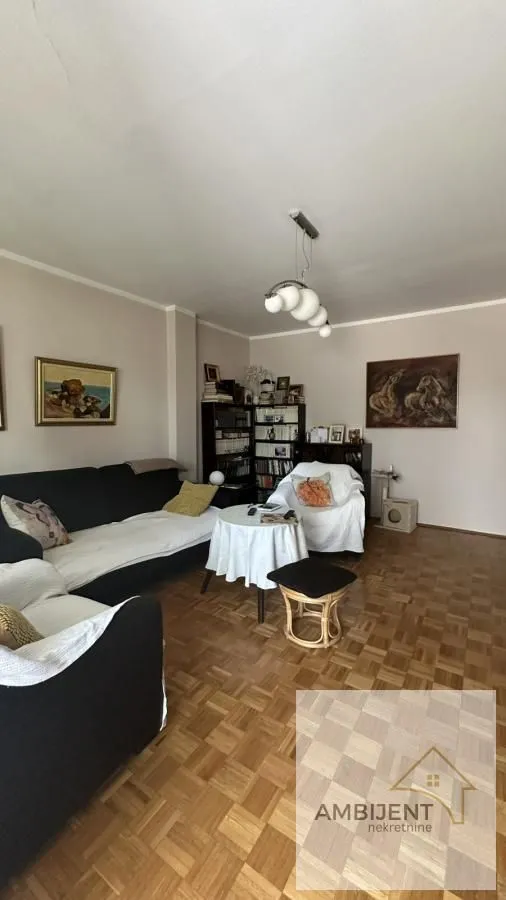 Living room with seating furniture and bookshelves.