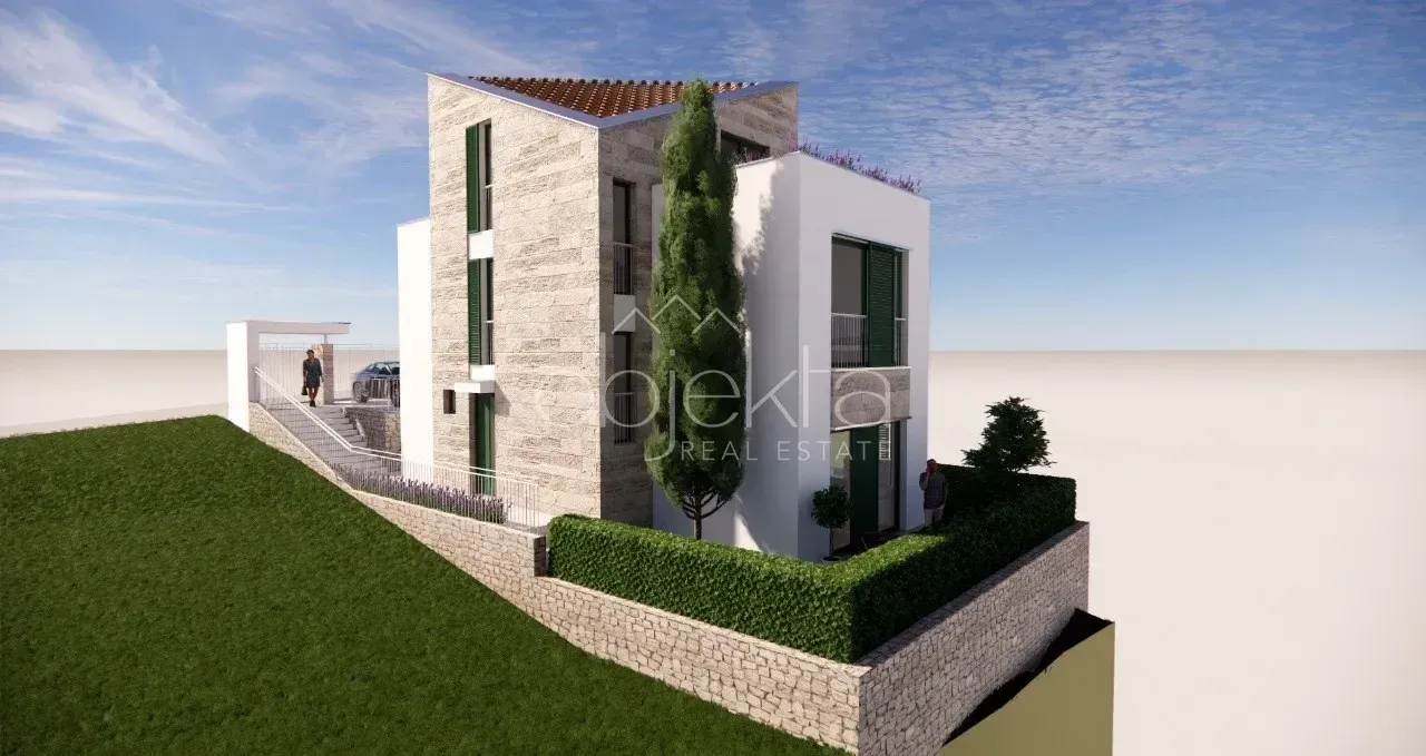 Spoljašnji izgled moderne kuće sa dvorištem i zelenilom.