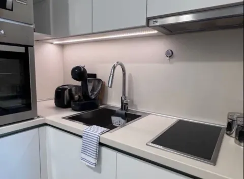 Moderna kuhinja sa sudoperom, ugradnom pločom i kuhinjskim elementima. - image 14