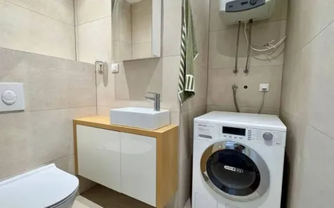 Kupatilo opremljeno umivaonikom, veš mašinom i toaletom. - image 7