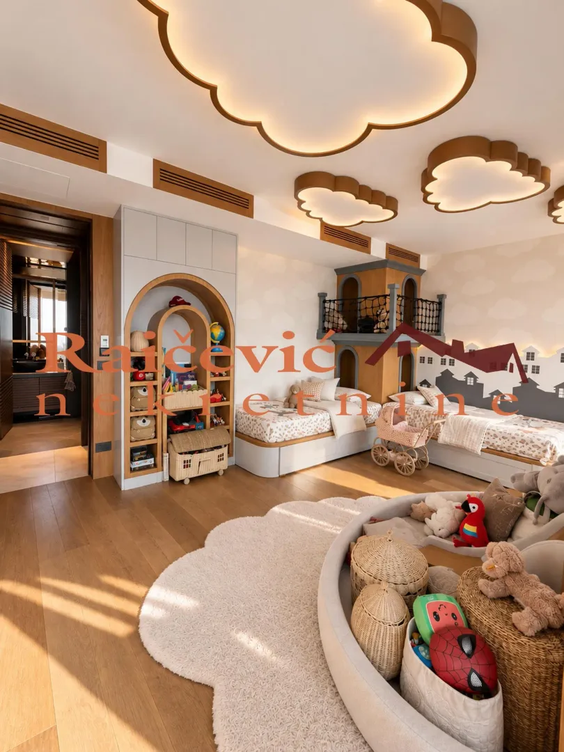 Children's bedroom with two beds, toys, and cloud-shaped ceiling lights.