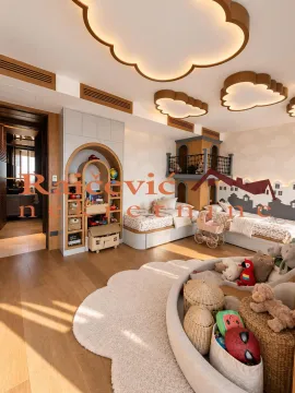 Children's bedroom with two beds, toys, and cloud-shaped ceiling lights. - image 17