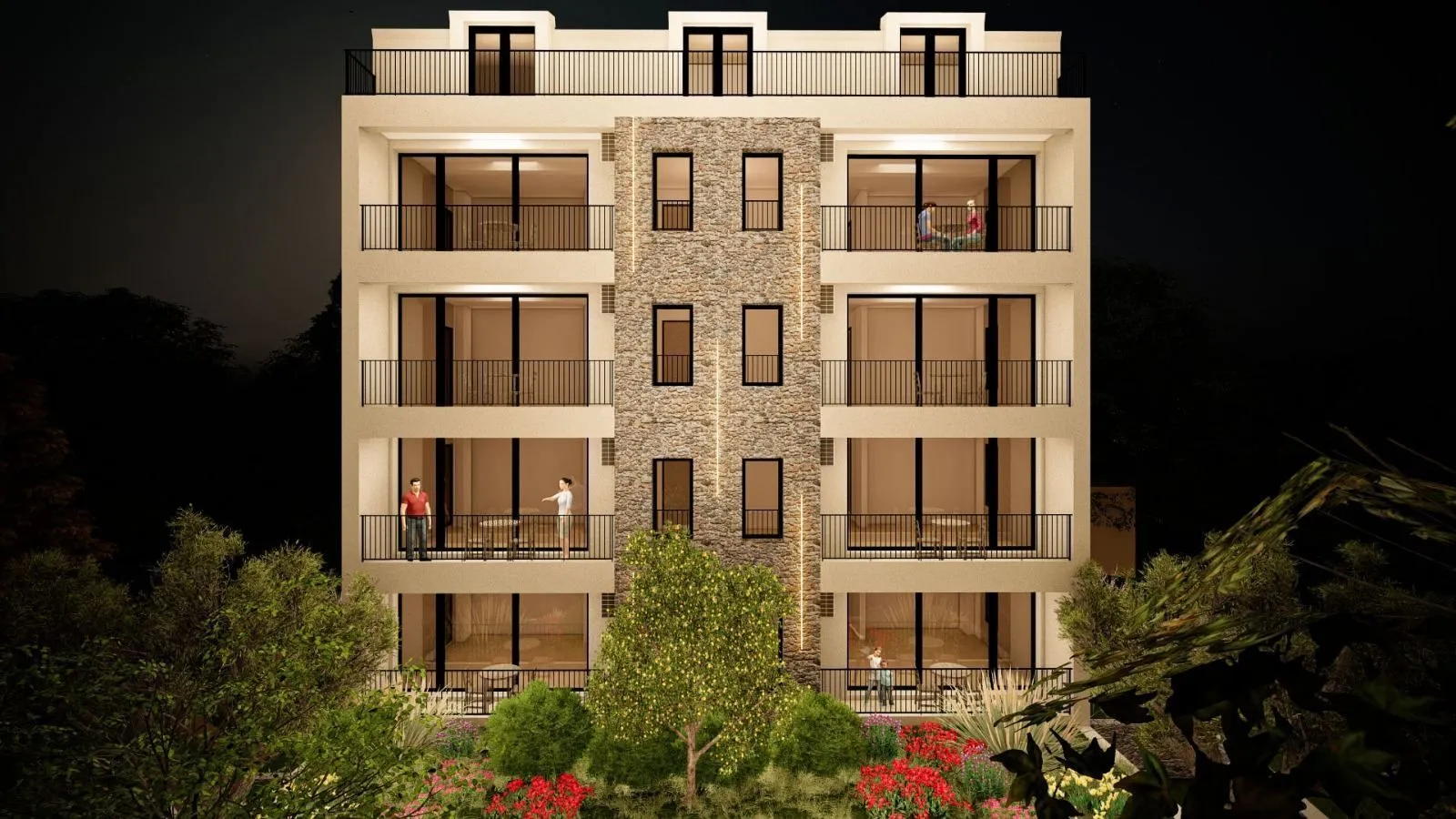 Noćni prikaz fasade moderne stambene zgrade sa terasama i uređenim dvorištem.