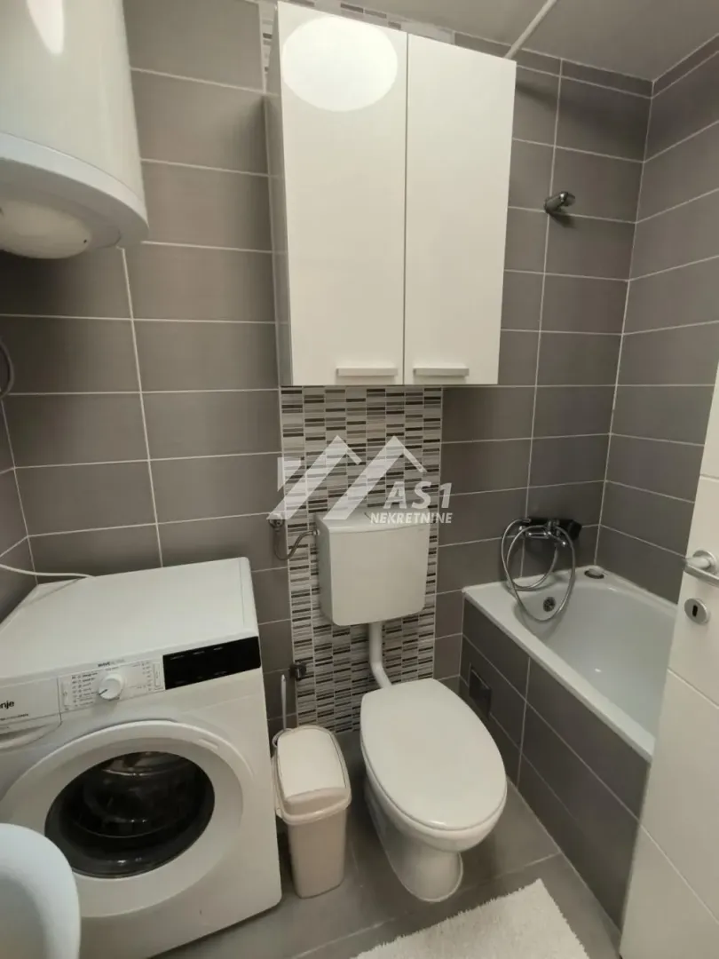 Bathroom equipped with a bathtub, toilet, and washing machine.