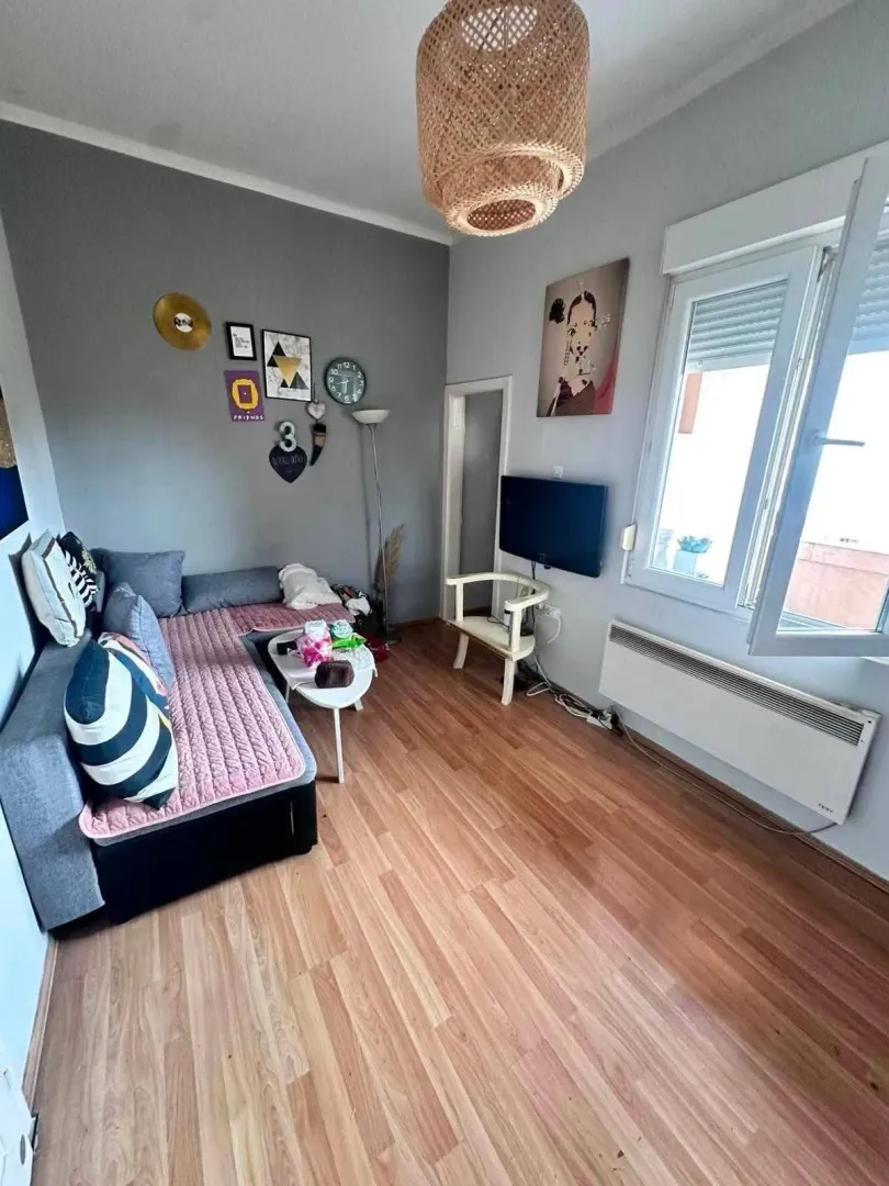 Dnevna soba sa garniturom, drvenim podom i prozorom.