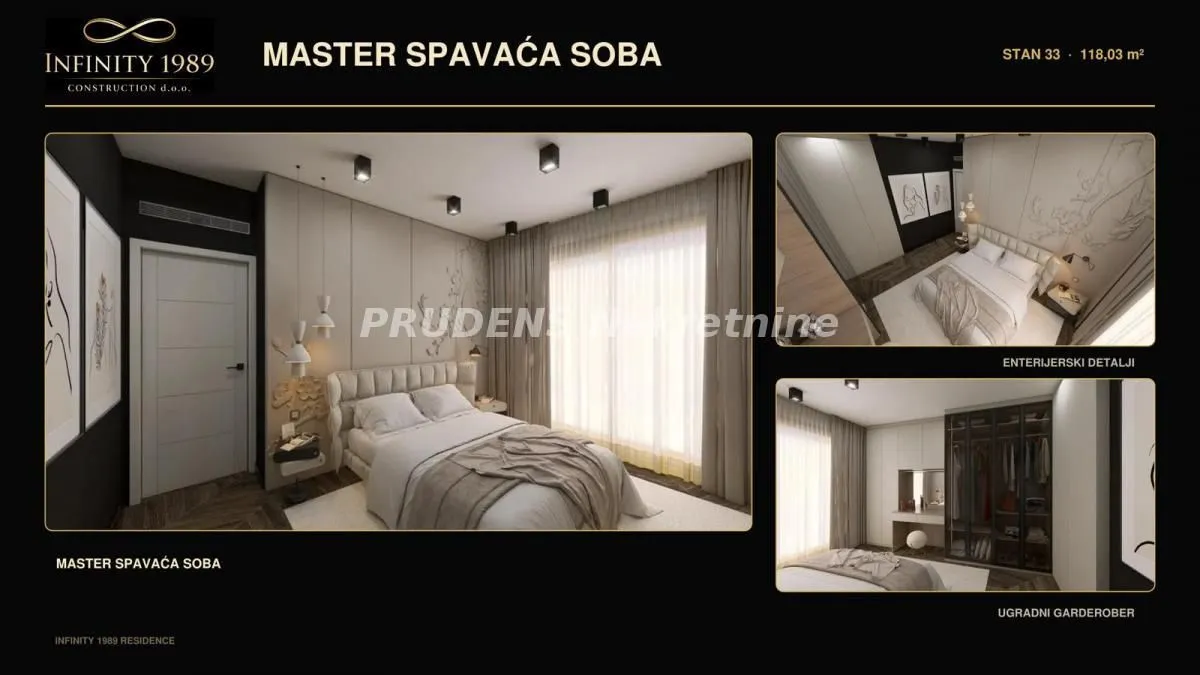 Prikaz master spavaće sobe sa krevetom, garderoberom i enterijerskim detaljima.