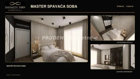 Prikaz master spavaće sobe sa krevetom, garderoberom i enterijerskim detaljima. - image 9
