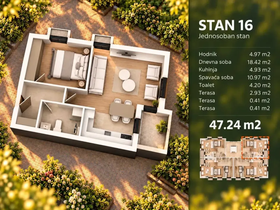 Prodaja, jednosoban stan, 47m², Konik, Podgorica
