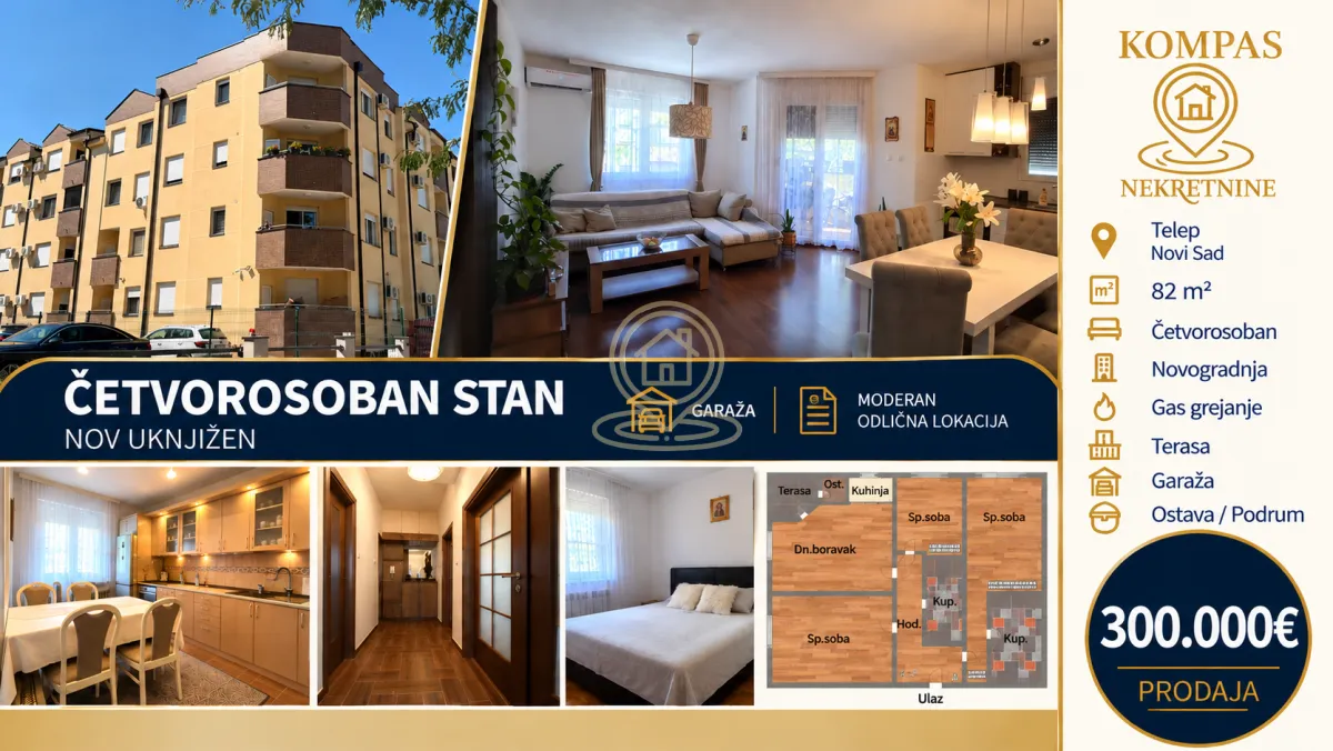 Kombinovana slika sa prikazom više prostorija i eksterijera stana.