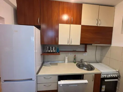 Kuhinja sa drvenim elementima, sudoperom, šporetom i frižiderom. - image 6