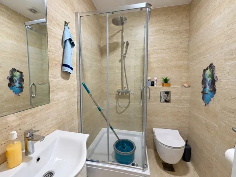 Modernly equipped bathroom with a walk-in shower, washbasin, and toilet. - image 6