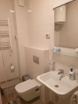 Manje kupatilo sa bijelim pločicama, umivaonikom i toaletom. - image 4