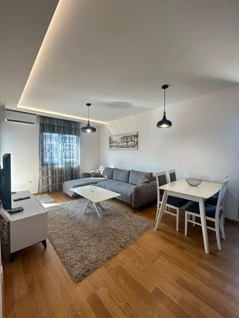 Modern living room with a sofa, dining table, and dropped ceiling with lighting.