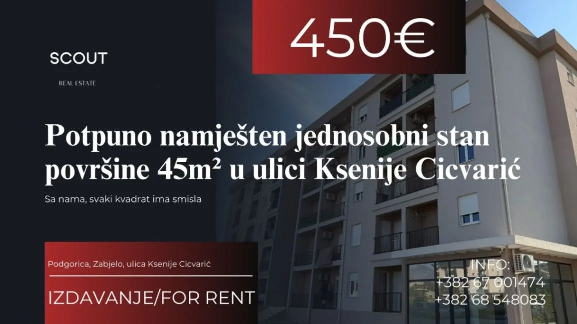 Izdavanje, jednosoban stan, 45m², Zabjelo, Podgorica