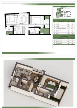 Arhitektonski plan stana sa rasporedom prostorija i 3D prikazom. - image 2