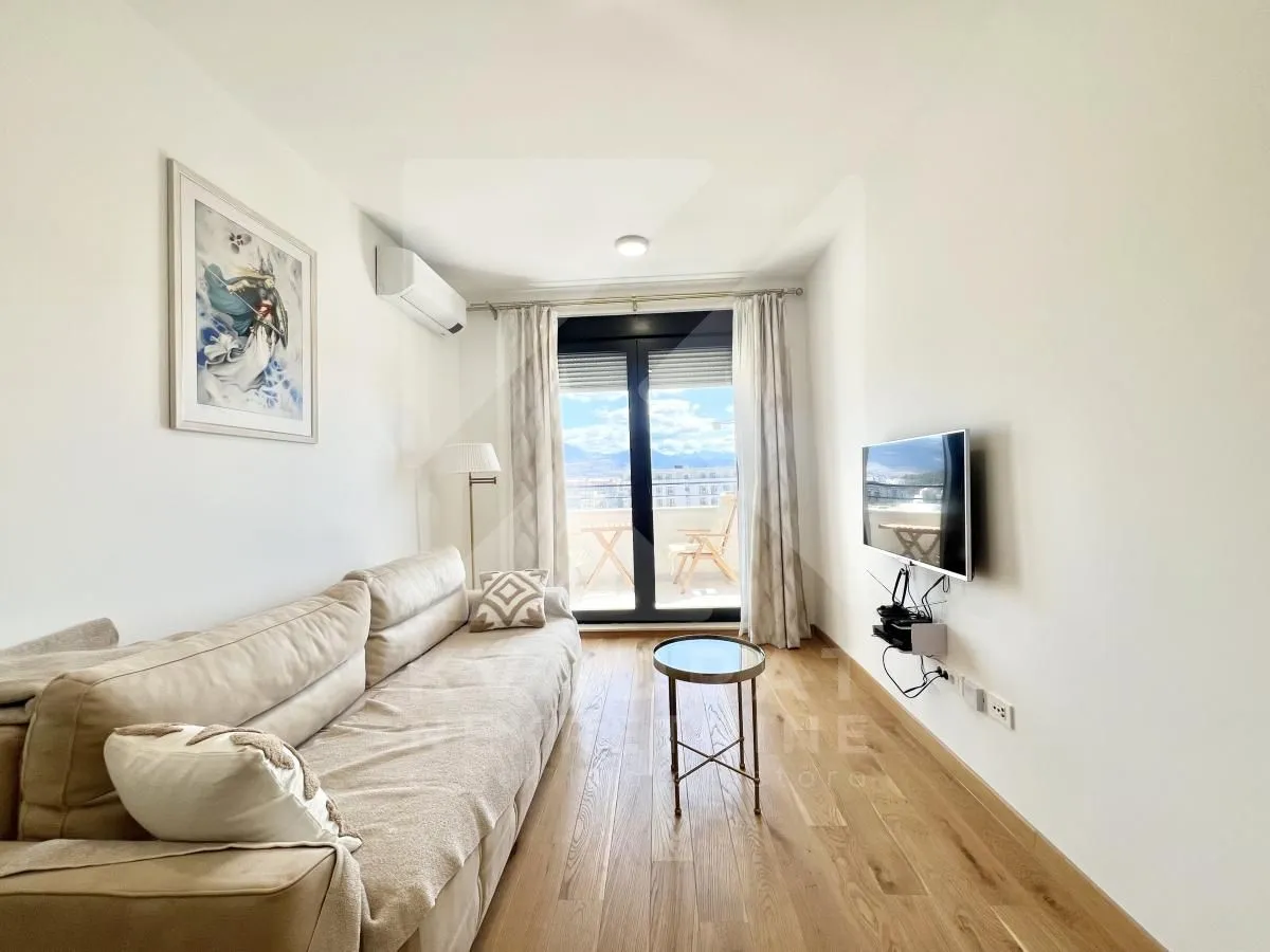 Living room with a sofa, TV, and access to the terrace.