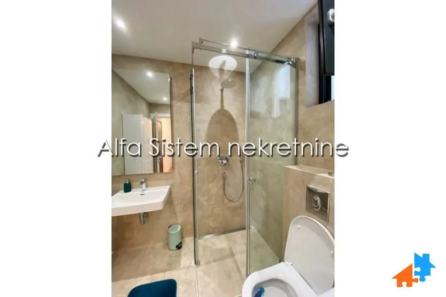 A modern bathroom equipped with a walk-in shower, washbasin, and toilet.
