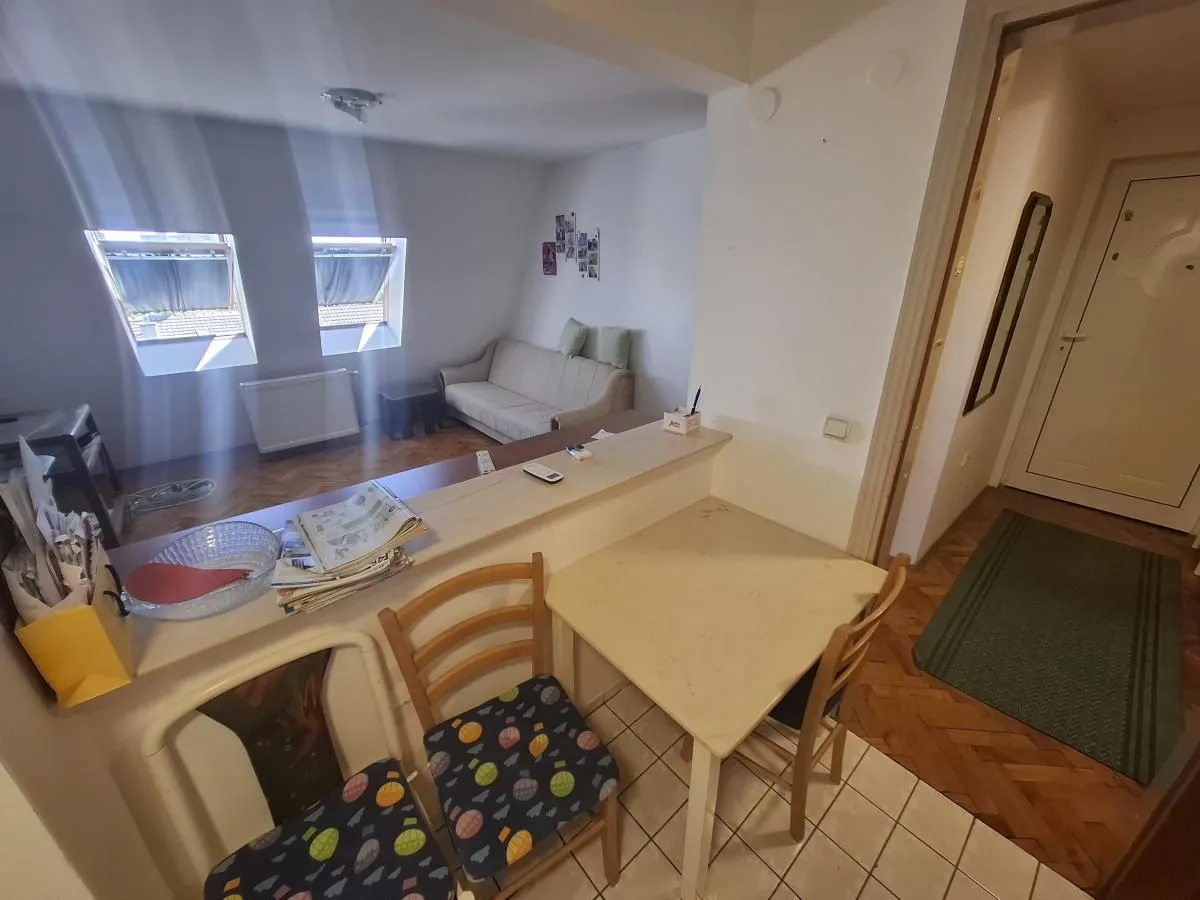 Pogled iz kuhinje prema dnevnoj sobi i trpezariji.