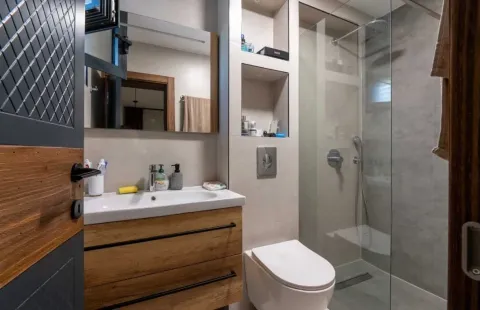 Modern bathroom equipped with a vanity unit, wall-hung toilet, and a glass shower enclosure. - image 13