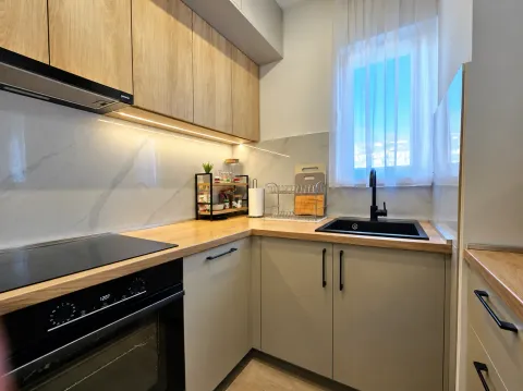 Modern kitchen equipped with wooden cabinets, a built-in oven, and a sink by the window. - image 10