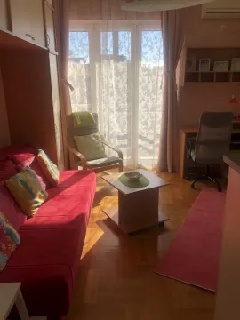 Bright living room with a red sofa and a study desk by the window. - image 10