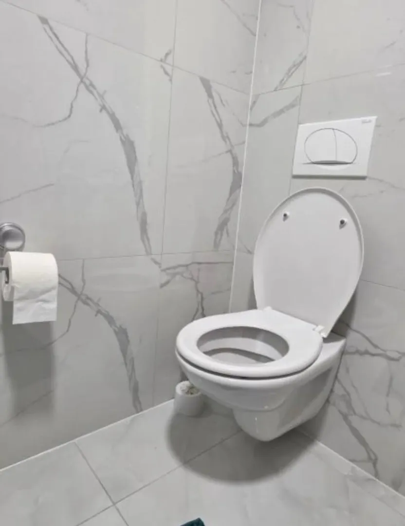 Moderno opremljeno kupatilo sa bijelim keramičkim pločicama i konzolnom wc šoljom.
