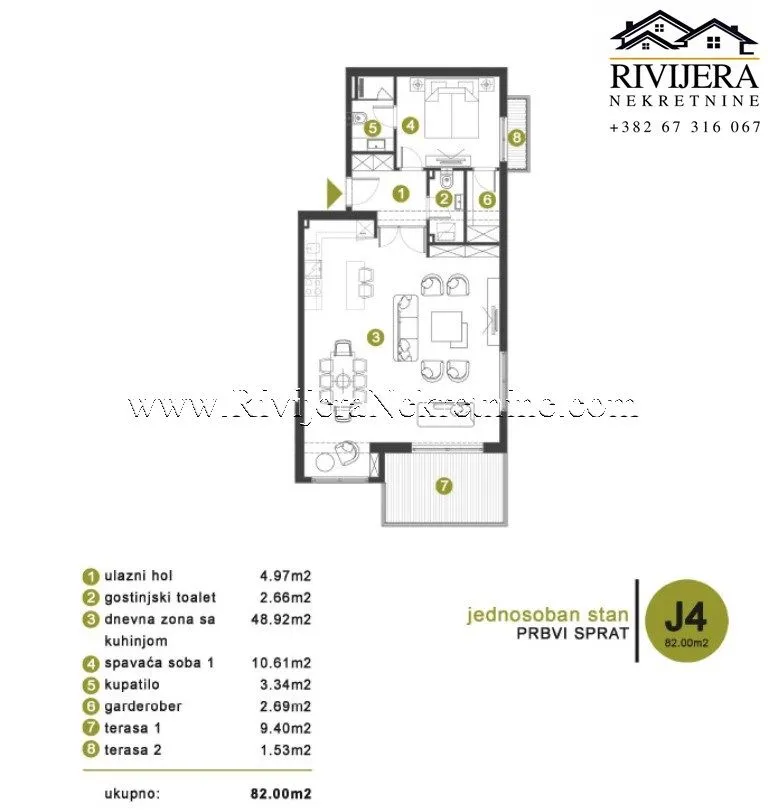 Prodaja, jednosoban stan, 82m², Opatovo, Tivat