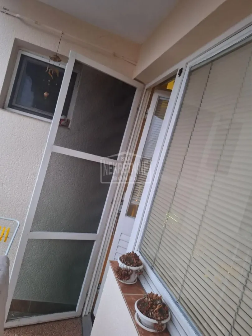 Pogled na prozor i balkonska vrata sa saksijama cveća.