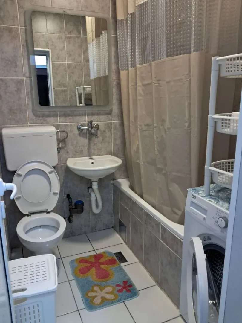 Manje kupatilo sa sanitarijama, kadom i veš mašinom.