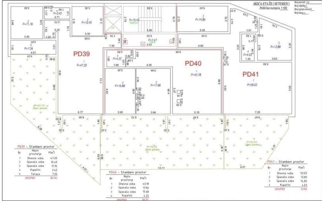 Osnova etaže prikazuje raspored prostorija i dimenzije nekretnine.