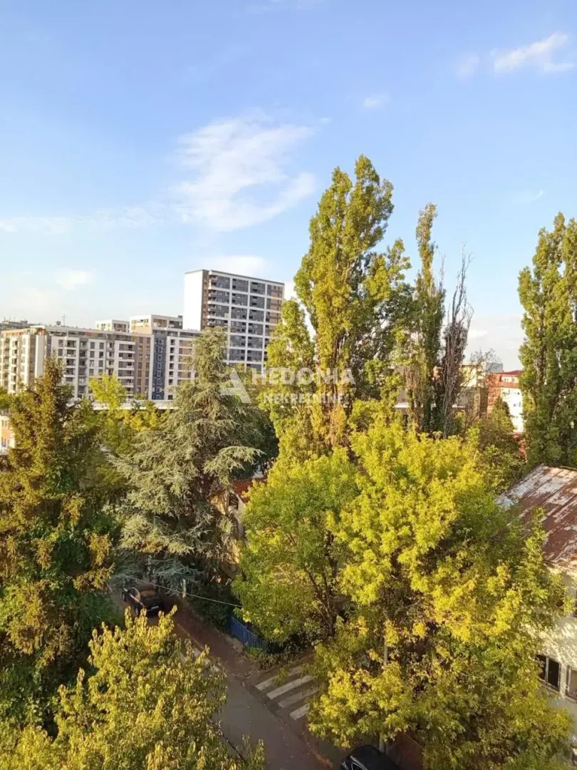 Pogled sa prozora na okolne zgrade i zelene krošnje drveća.