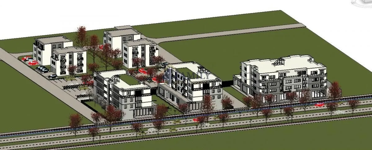 3D prikaz stambenog kompleksa sa zgradama i okolnim uređenjem.