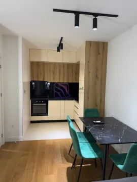 Kuhinja sa ugradnim elementima i trpezarijskim stolom sa zelenim stolicama. - image 7