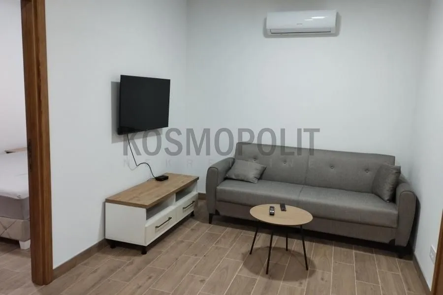 Small living room with a sofa, TV, and air conditioning unit.