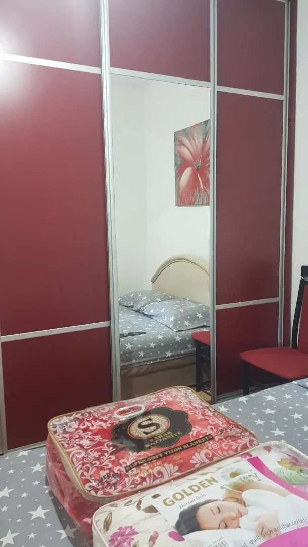 Spavaća soba sa krevetom i velikim plakarom sa ogledalom.