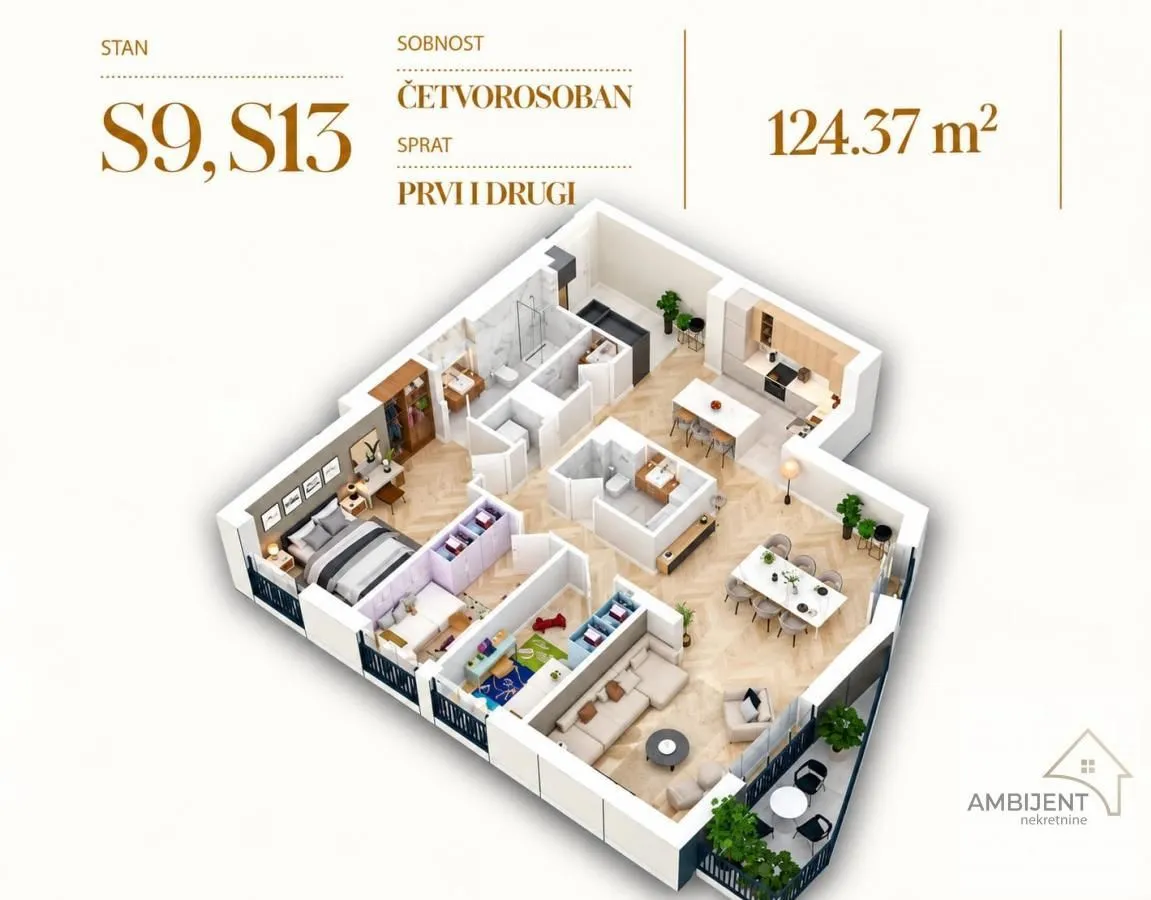 Trodimenzionalni prikaz rasporeda prostorija četvorosobnog stana površine 124,37 kvadratnih metara.