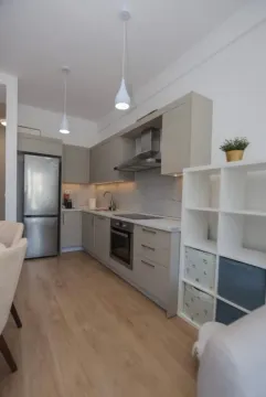 Modern kitchen with grey cabinets and built-in appliances. - image 5