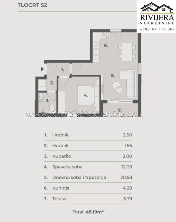 Prodaja, jednosoban stan, 48m², Tivat, Crna Gora