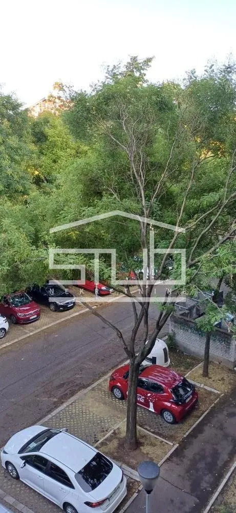 Pogled sa prozora na drveće i parking ispred zgrade.