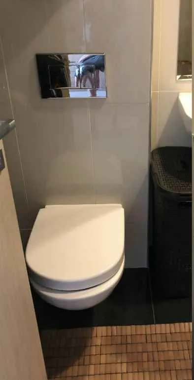 Moderni konzolni toalet u popločanom kupatilu.