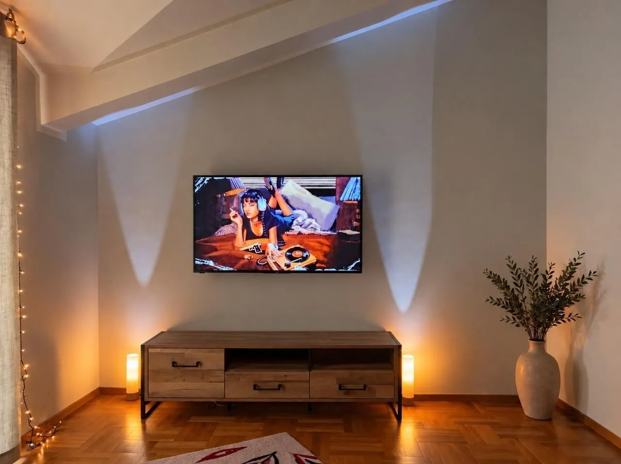 Living room with a wall-mounted TV and a wooden TV cabinet.