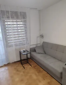 Manja dnevna soba sa sivim trosedom i parketom na podu. - image 8