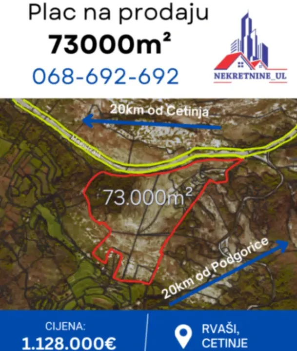 Prodaja, plac, 73000m², Rvaši, Cetinje