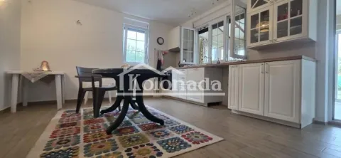 Prostrana bela kuhinja sa trpezarijskim stolom i šarenim tepihom. - image 7