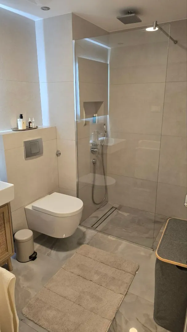 Modern bathroom with walk-in shower and sanitary ware.