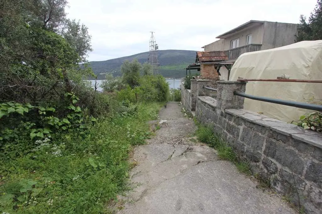 Prilazni put do kuće okružen zelenilom sa pogledom na more u daljini.