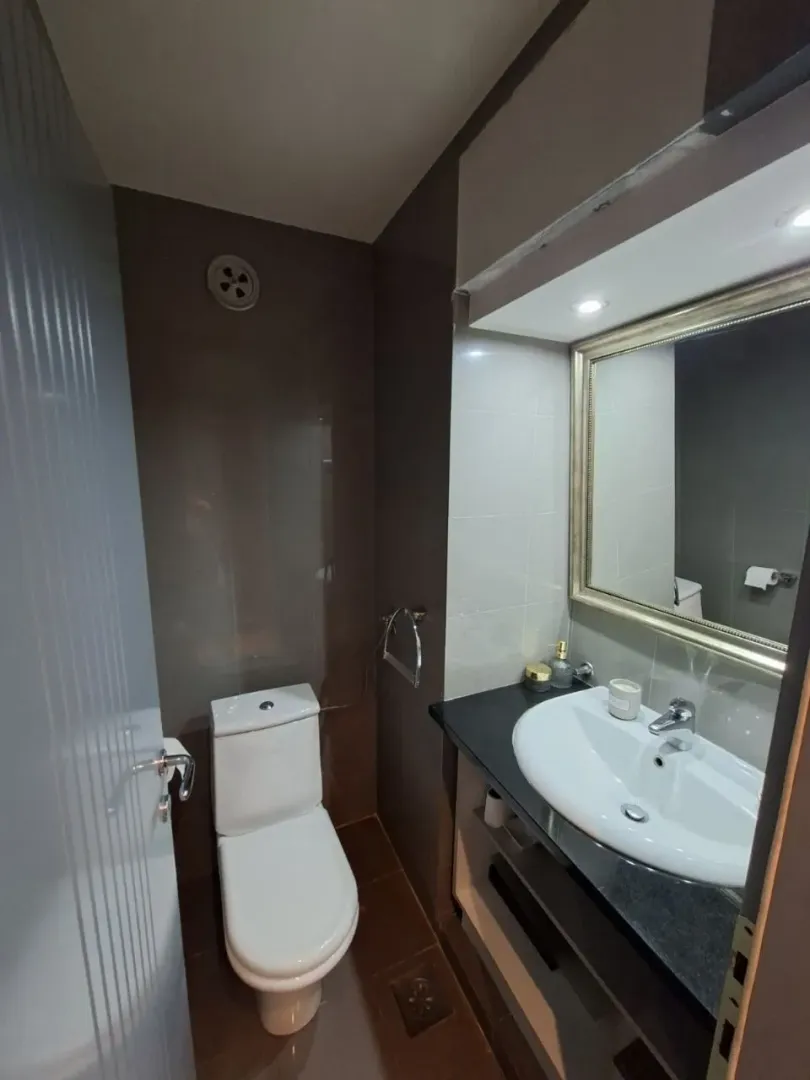 Smaller bathroom with a washbasin, mirror, and toilet.