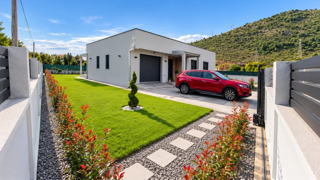 Modern single-story house with a landscaped yard and lawn.