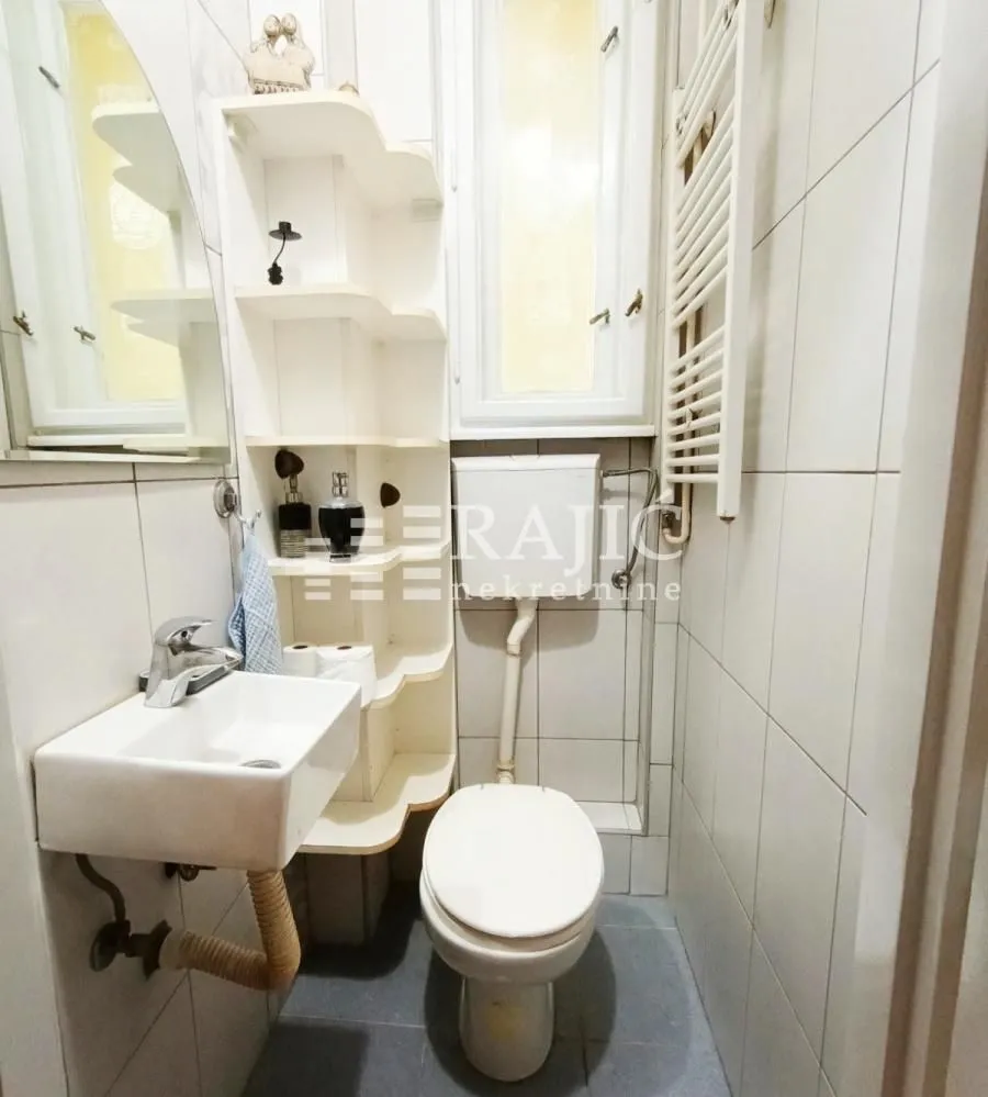 Smaller bathroom with a sink, toilet, and shelving.